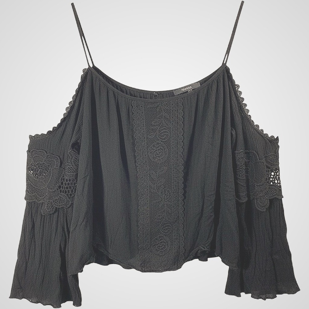 witchy goth off shoulder bell sleeve blouse floral lace trim M boho western